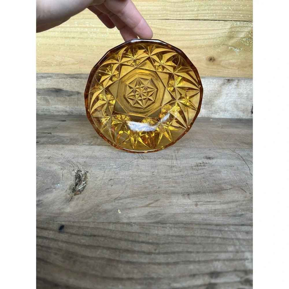 Vintage Amber  Round Cut Glass Candy, Nut Dish  1970s Trinket Dish Candy‎ Dish